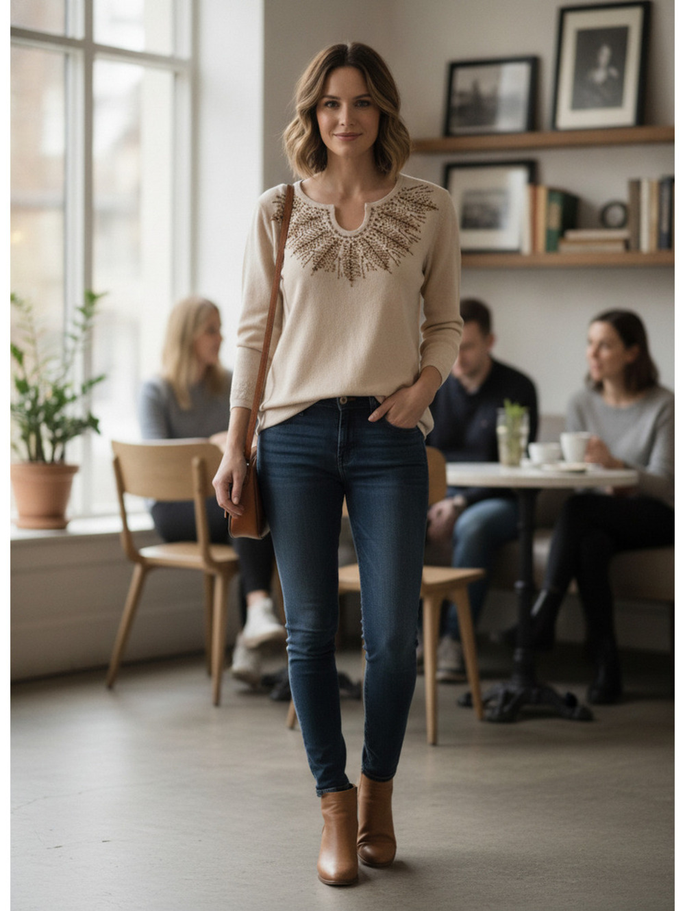 163 Alfred Dunner Petite Ivory Sweater with Beaded Neckline - Size PS